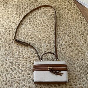 Zara Canvas Crossbody Bag with Brown Leather Trim